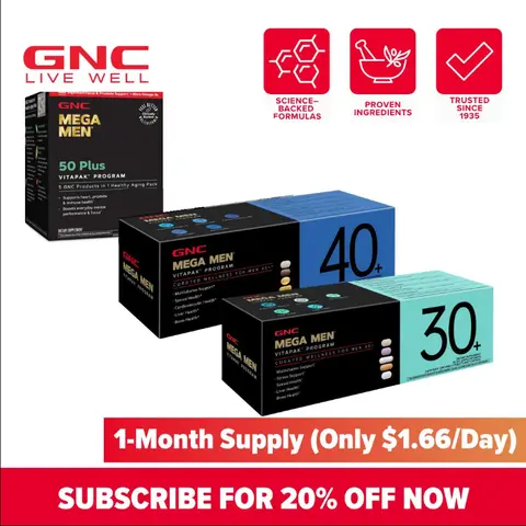 GNC Age-Based Vitapaks Program for Men - 30+/40+/50+ Daily Dietary Supplement Packs with Multivitamin, Minerals, Stress Support, Skin Health, Bone Health, Pumpkin Seeds, L-Arginine for Fitness & Wellness