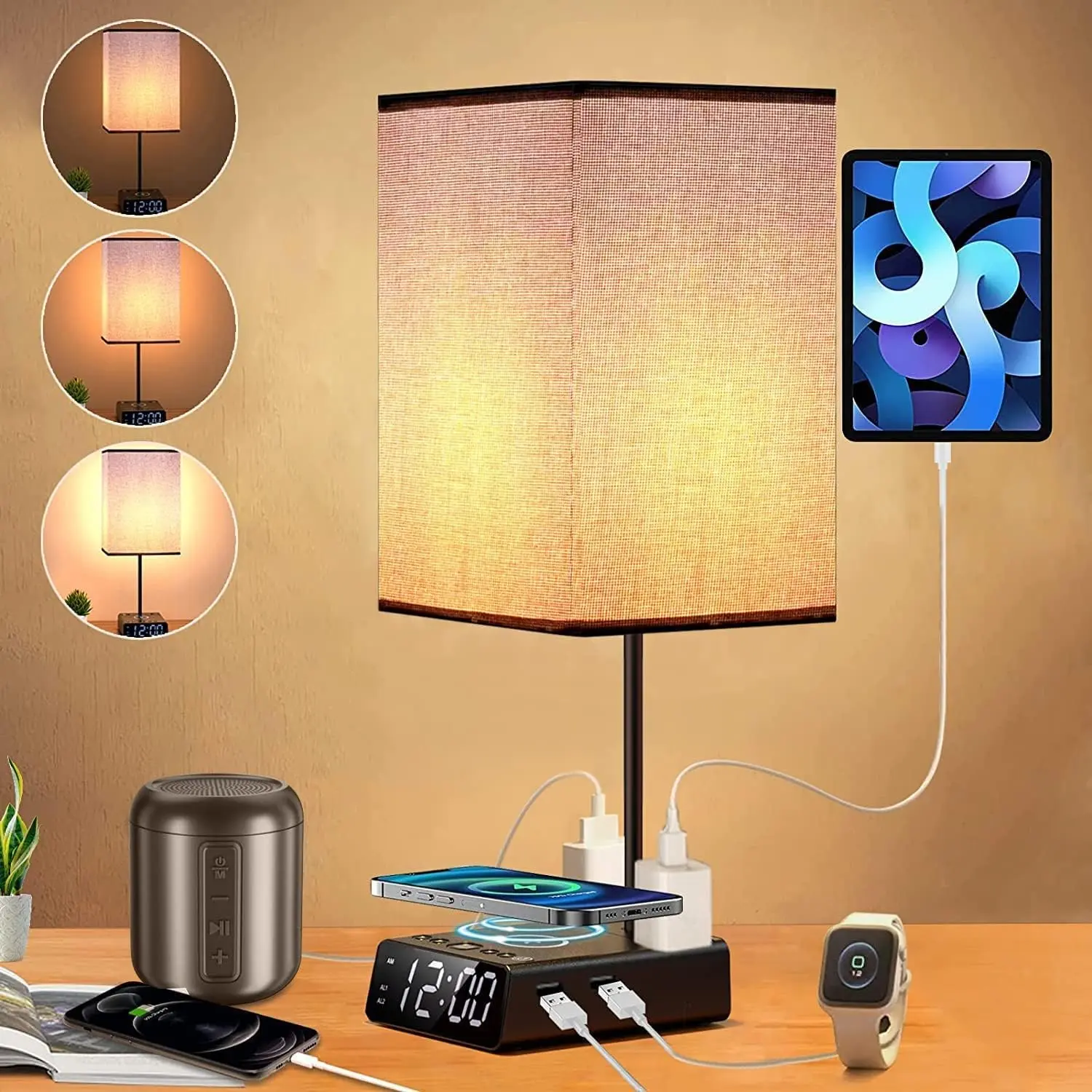 Bedside Lamp with USB Ports & AC Outlets, 15W Wireless Charger Table Lamp with Clock, 3 Way Dimmable Nightstand Lamps for Bedroom Living Room,Touch Lamp with Charging Station