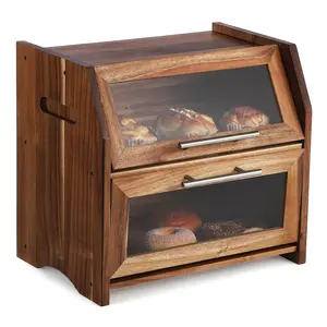 Double Layer Bread Box – Acacia Wood Bread Bin with Clear Acrylic Door & Air Vents, Rustic Countertop Bread Storage Container for Homemade Bread, Bagels, Muffins (Brown & Silver)