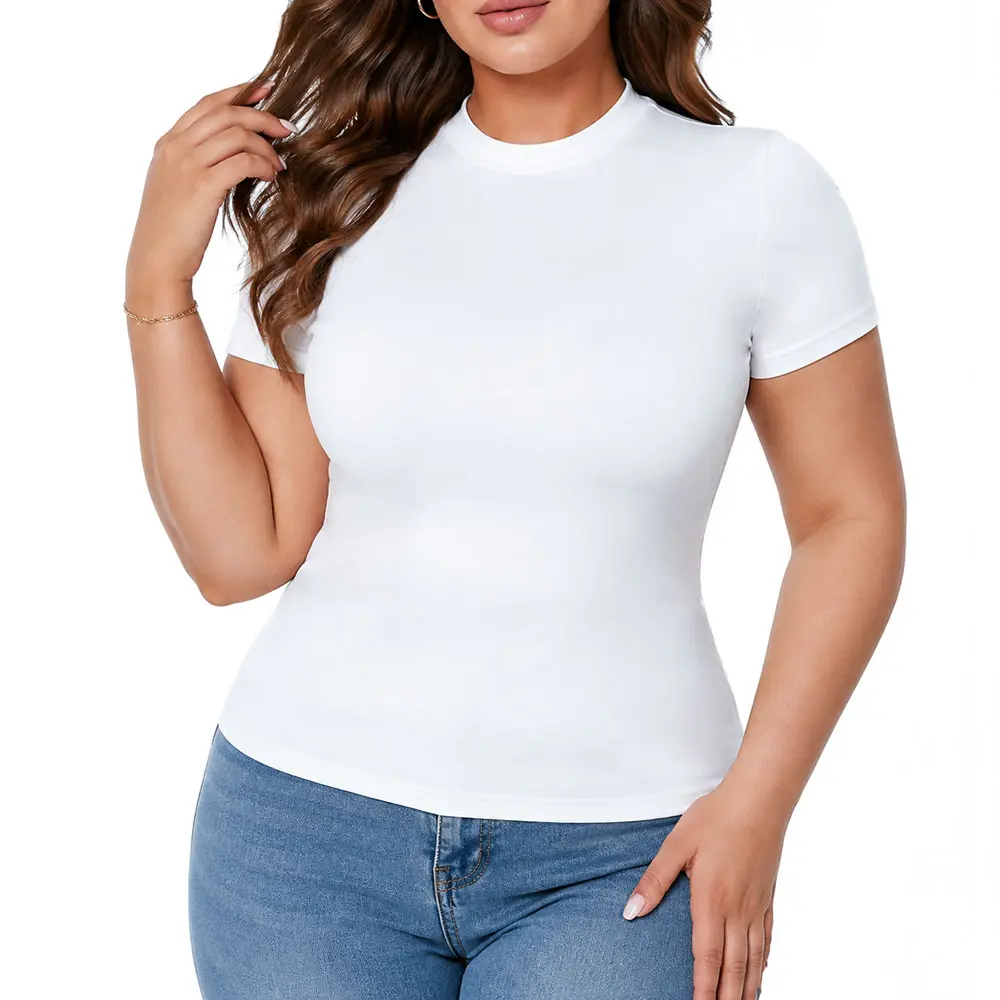 Women's Mock Neck Short-Sleeve Polyester Cropped T-Shirt, Ultra Soft Breathable Plain Fitted Y2K Retro Summer Basic Top, Machine Washable for Casual Daily & Office Wear