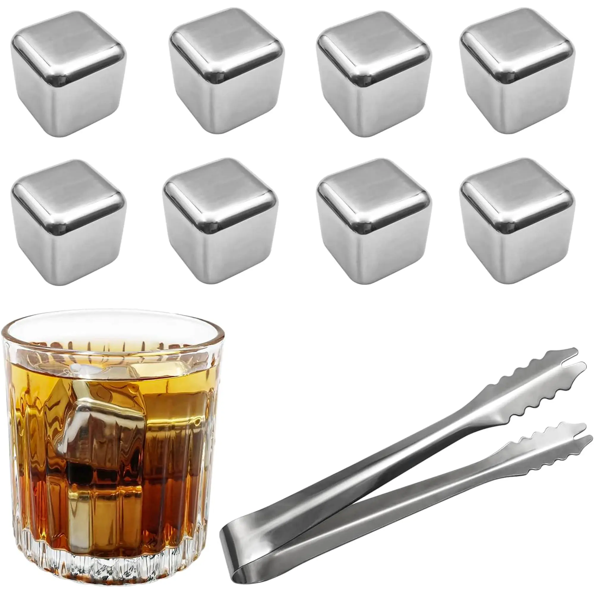 8-Count Reusable Stainless Steel Bourbon Cooling Stones Set for Adults, Drink Accessories with Tongs, Freeze-Box Storage for Beverages, Birthday & Valentine's Day Home Supplies Gift