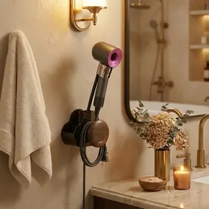 Wall-Mounted Hair Dryer Stand, Walnut Color, No-Drill Self-Adhesive, Space-Saving Organizer for Bathroom, Bedroom, Vanity