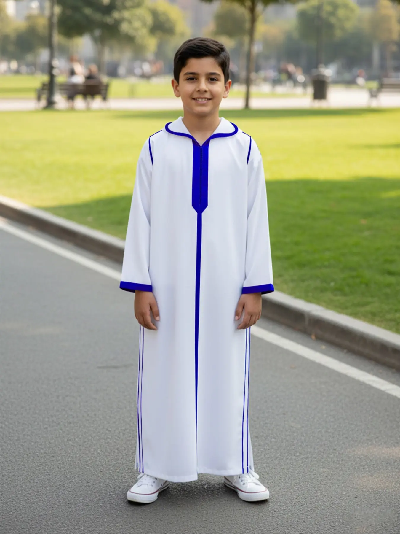 Muslim Traditional Islamic Boy Hooded Djellaba Clothing, Contrast Trim, Long Sleeve with Pockets, Split Hem, Ages 8-12, Ideal for Ramadan, Eid, Father's Day