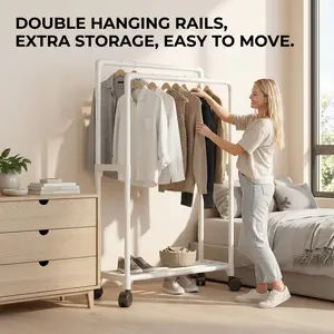 Portable Double Rod Clothes Rack with 360 Degree Silent Wheels, Durable Metal Frame, Extra Large Fabric Storage Basket for Efficient Wardrobe Management