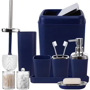 Navy blue bathroom accessory set, 9-piece plastic gift set, includes trash can, toothbrush holder, toothbrush cup, soap dispenser, soap dish, toilet brush holder, 2 cotton swab holders and tray