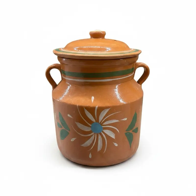 Food Safe Mexican Clay Bean Pot W/Lid, Olla De barro Frijolera Decorada Con Tapa, Cazuela Tradicional Large Cookware Traditional Classic, (1-1.25Gallon) (Olla Toluca) (Made In Mexico)