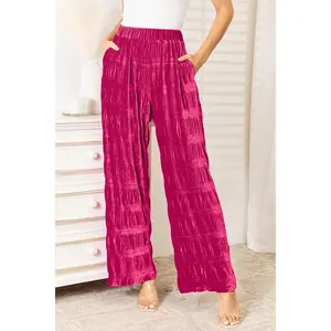 Double Take Full Size High Waist Tiered Shirring Velvet Wide Leg Pants