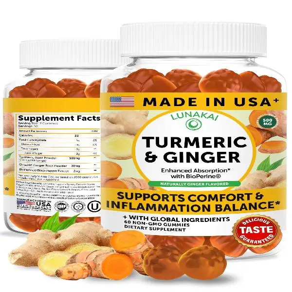 Lunakai USA Made Turmeric and Ginger Supplement Gummies 500mg with Black Pepper – High Absorption Curcumin Turmeric Gummies for Joint Comfort, Daily Immune Support, Non-GMO, 60ct