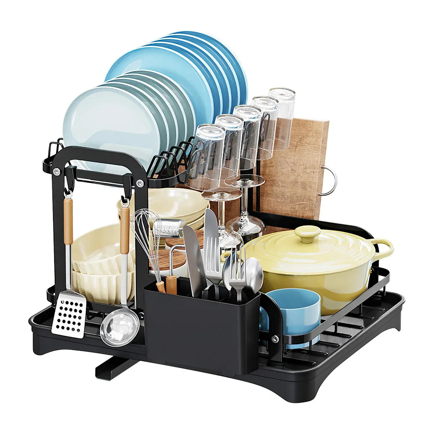 2-Tier Rustproof Steel Dish Drying Rack for Kitchen Counter, Space-Saving Set with Drainboard, Adjustable Detachable Organizer for Bowl, Utensil Storage & Easy Installation stand