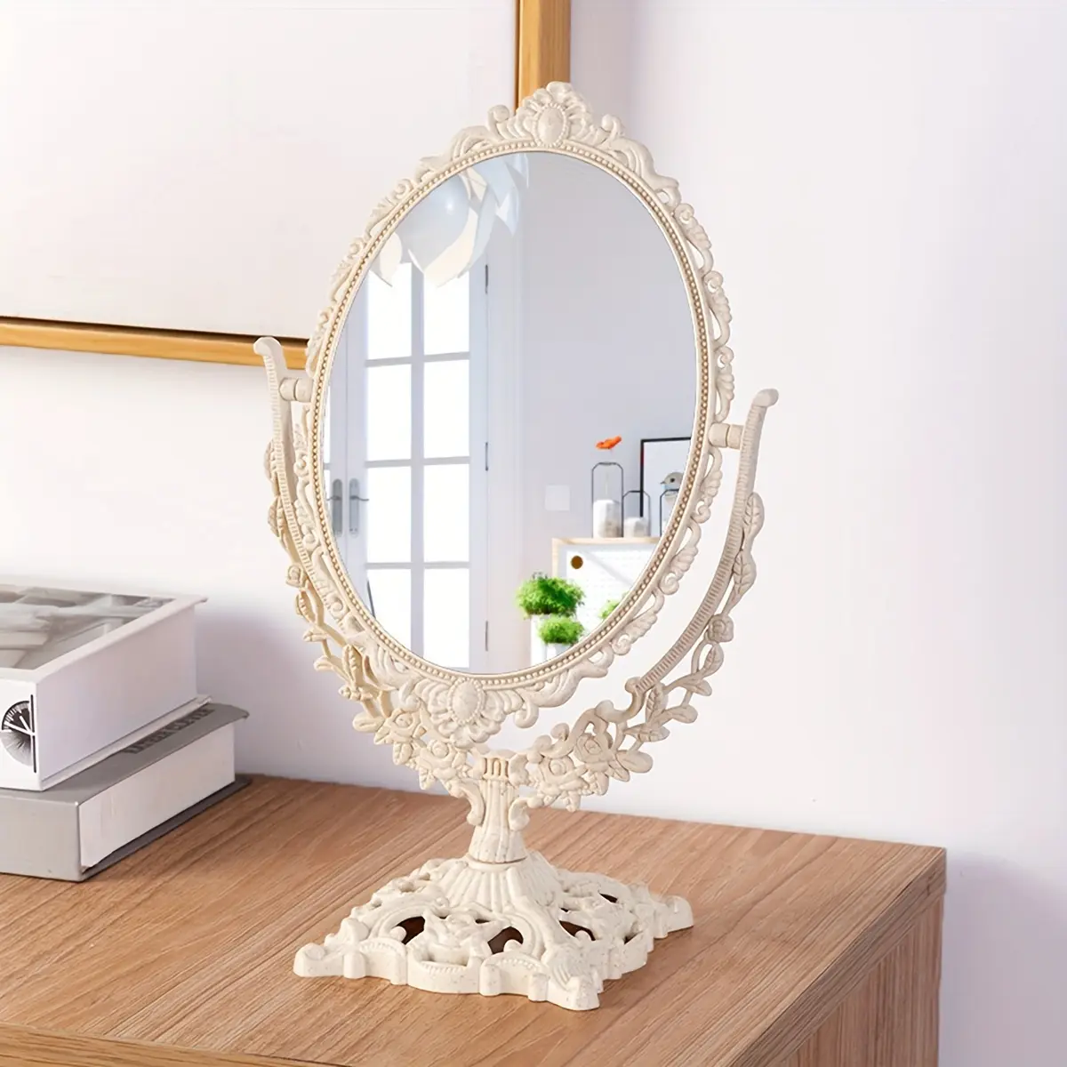 1pc Retro Style Double Sided Mirror, Rotating Vanity Mirror Makeup Mirror, Bedroom Desk Princess Mirror, Desktop Small Mirrors, Makeup Accessories, Decorative Furniture, Home Decorative Mirror