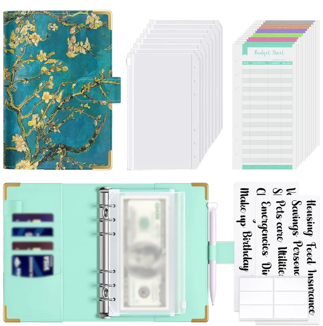 Summer Gift Budget Binder with Zipper Envelopes, A6 Money Saving Binder Cash Envelopes for Budgeting, PU Leather Planner Money Organizer for Cash Bills, Cute Floral System Wallet for Women, Blue Flower