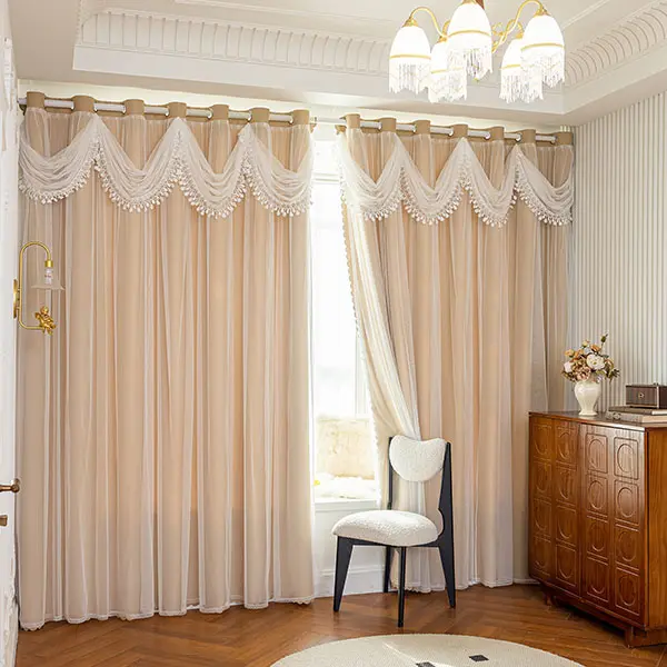 French Style Light Luxury Romantic Lace Gauze Integrated Double-Layer Water Wave Curtain Head, Room Decor Curtain, Shading Window Drapes for Bedroom Living Room