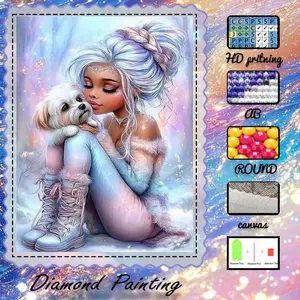 DIY 5D Flocking Diamond Painting Kit, AB Drills, Fairy Dust, Crystal Beads, Girls, Dog, Winter Diamond Embroidery, Special Craft Art Kit, Wall Decor, Gift for Family, Loved Ones, Friends, Embroidery Set, Embroidery Design