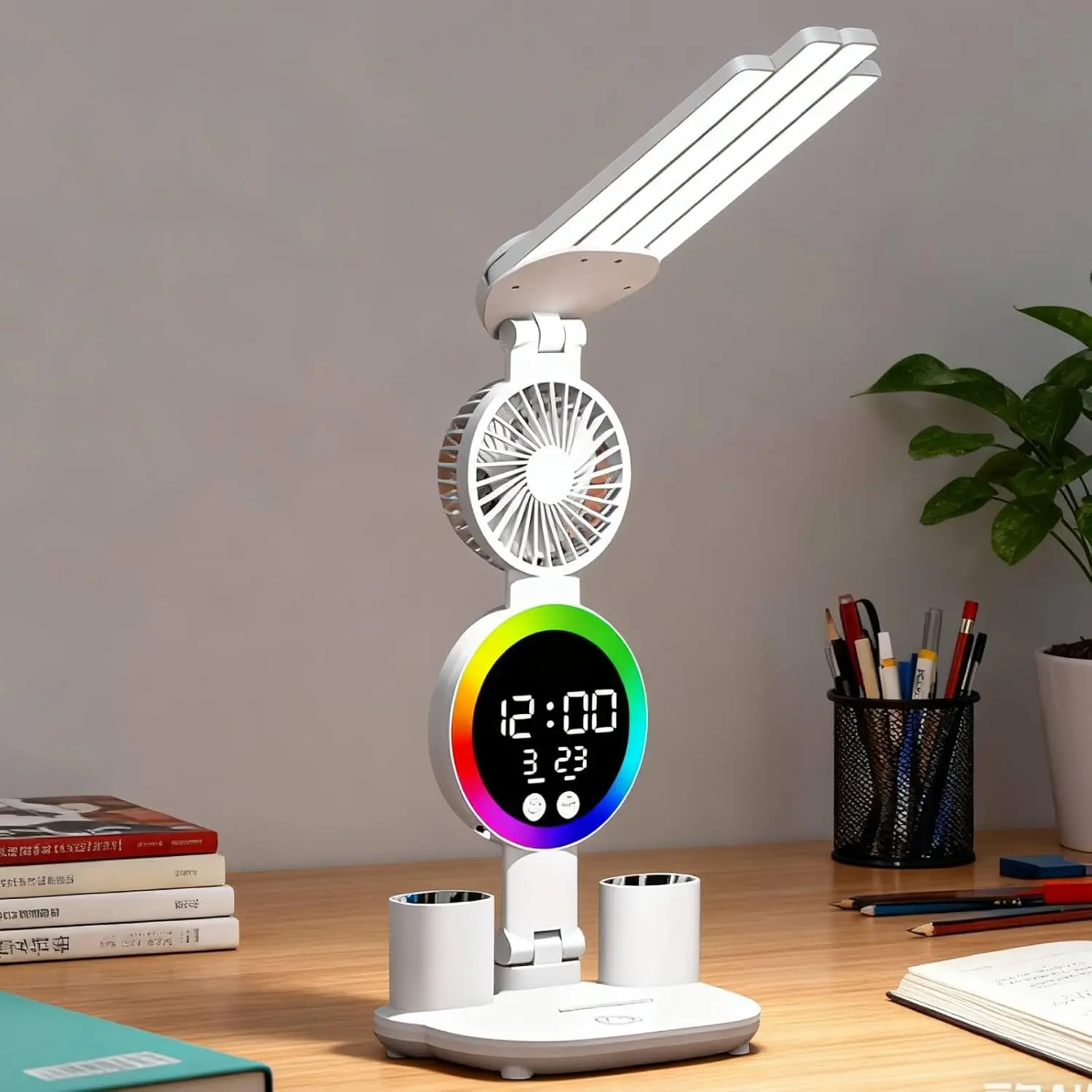 Adjustable Dimmable LED Desk Lamp with Fan, Clock, Pen Holder, 3 Brightness Levels, USB Charging Port, Foldable Adjustable Lighting for Home Study, Dimmable Desk Lamps