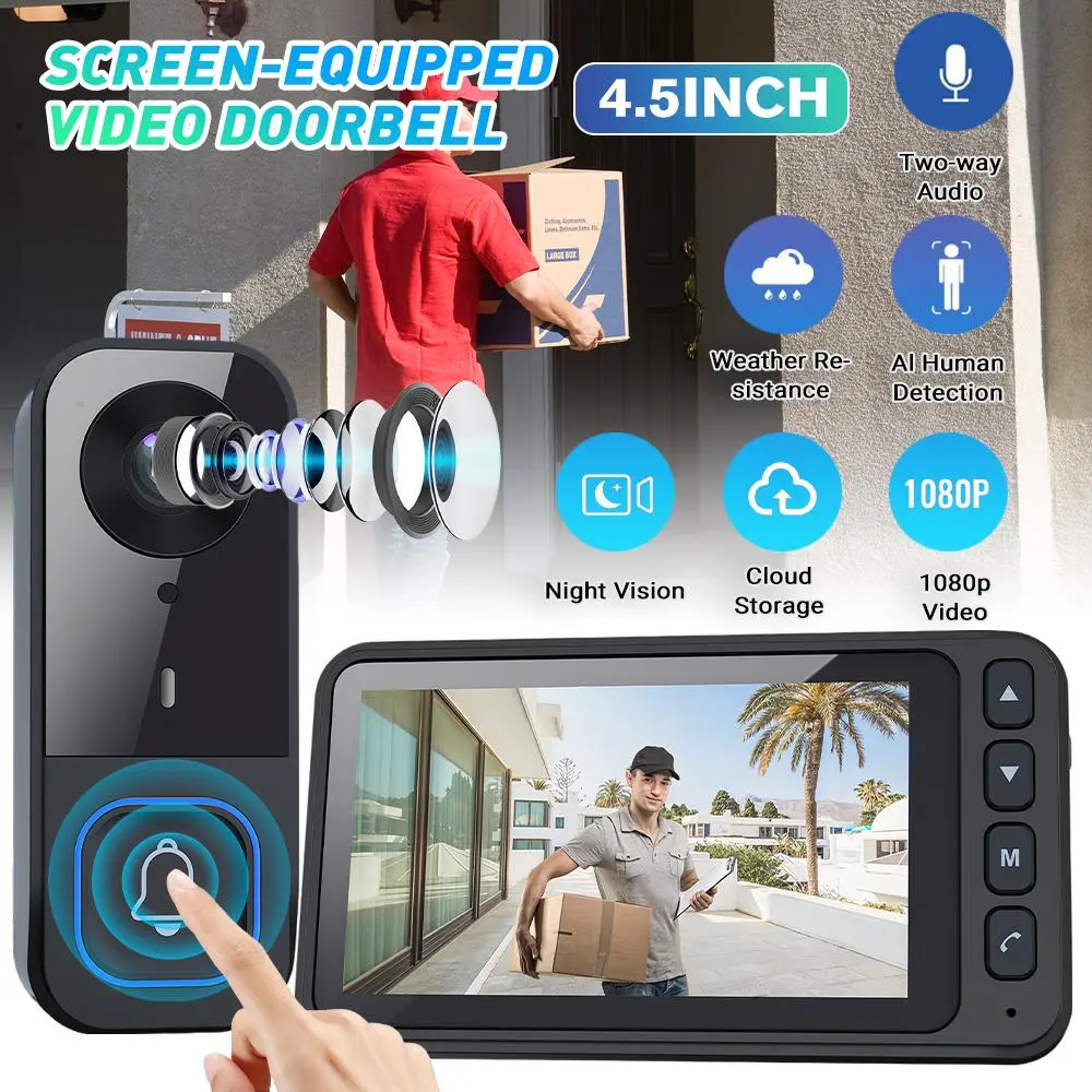 【Summerfinds】4.5 Inch Video Doorbell with Screen Wireless Visual Doorbell Camera 1080P Two-Way Audio Infrared Night Vision