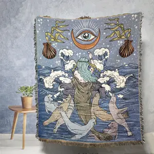 Dolphin Mermaid Bohemian Yarn Jacquard Woven Blanket with Tassel, Chunky Soft not Printed, Wear-resistant Washable Easy to Care, No faded No pilling, Used for Home Decor Sofa Chair Bed Tapestry Tablecloth Floor Garden Picnic Outdoor Camping