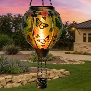 Livfineseason Hot Air Balloon Solar Lantern Flickering Flame Hanging Garden Lights, Glass Outdoor Waterproof Flame Effect Hot Air Balloon Hanging Lantern Gifts for Mom Balcony Yard Party Decorations