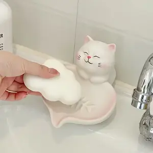 Cute Cat Soap Dish with Drain Holes, Non-Slip Base, Soft & Decor, Durable Resin Material, Perfect Gift for Bathroom Kitchen Vanity