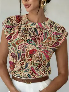 Women's Vintage Chic Elegant Floral Peacock Feather Print Sweater, Casual Loose-Fitting Cap Sleeve Knit Top, Breathable Spring Summer Outer Vest, Womenswear