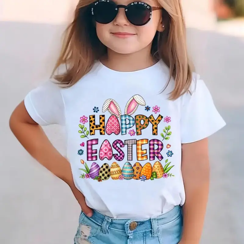 Girls' Easter Bunny & Egg Short Sleeve Cotton T-Shirt, Happy Easter Egg Hunt Outfit with Bunny Ears & Spring Flowers, Cute Round Neck Summer Graphic Casual Tee Cute Basic Tee