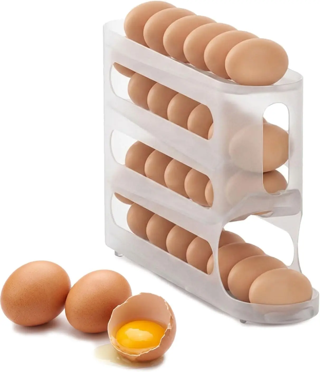 Transparent Durable Plastic Automatic Sliding Egg Organizer - 4-Layer Rolling 1-Piece Egg Dispenser Rack with Compact & Stackable Design, Fridge & Countertop Dual-Use Home Storage Holder