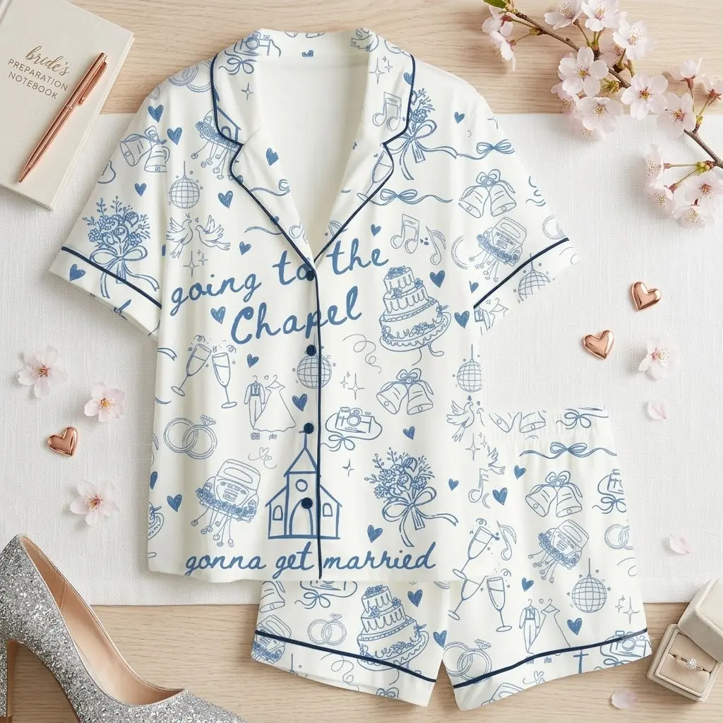 Women's Bridal Pajama Set - Soft 2-Piece Short Sleeve Button Down Sleepwear & Shorts. Going to the Chapel Wedding Doodle Print Loungewear PJs. Something Blue Bride To Be Nightwear. Bachelorette Party Girls Trip Bridesmaid Getting Ready Sleep Set