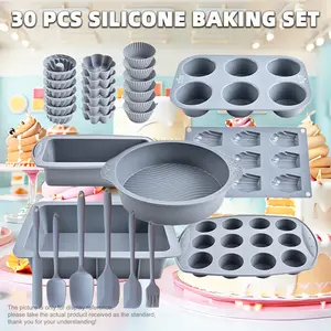 30-Piece Non-Stick, Reusable Baking Kit – Silicone Round Muffin Pan, Rectangular Madeleine Mold, Toast Loaf Pan & Cupcake Liners – Oven Bakeware Set with Jelly Pudding Molds & Kitchen Tools – Gift for Mom, Baker & Cooking Lovers