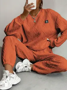 Two-piece set of women's orange hemp texture knitted set, retro casual loose Long Sleeve sweatshirt and sweatpants two-piece set, suitable for autumn and winter, suitable for going out, casual parties, coffee shop visits