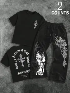 Men's Fashion Casual Two-Piece Set, Soft Comfortable Graphic Angel & Cross Pattern Round Neck T-Shirt and Drawstring Wide Leg Pants