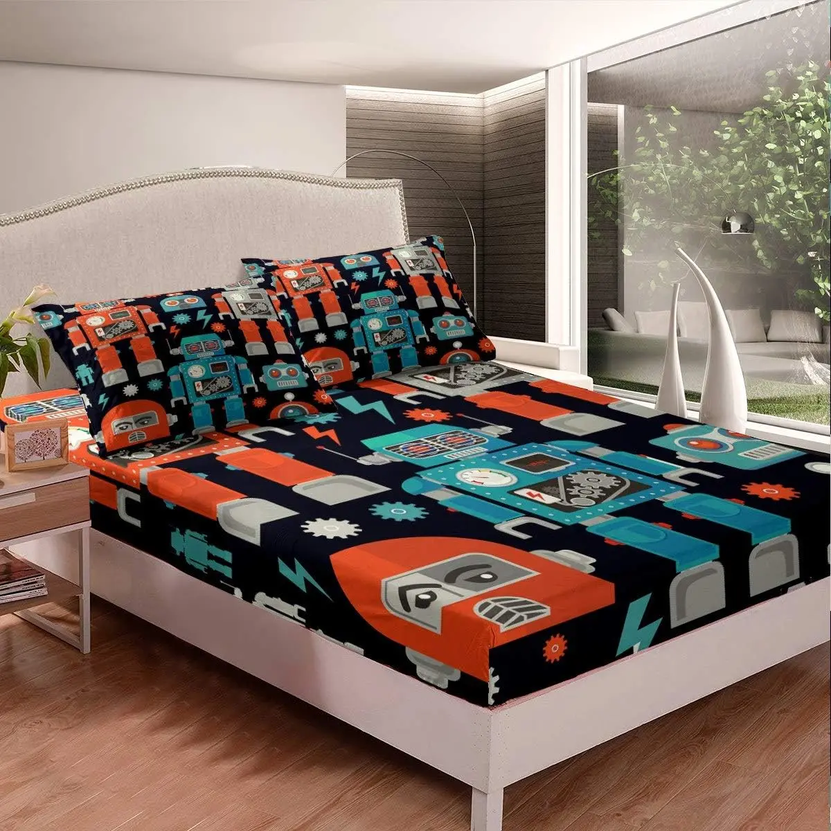 Feelyou Micro-Fine Stretch Cartoon Themed Fitted Sheet Bedding Set - Vibrant Mechanical Robot Print, Cool Steampunk Mechanic Design, Luxury Microfiber Sheet for Kids' Bedroom, Decor Bedding Supplies, Microfiber Bed Sheet