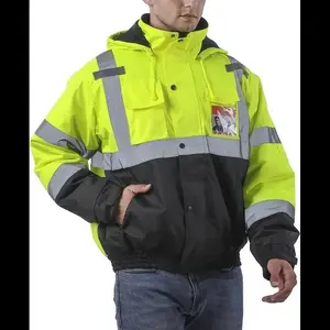 Work safety reflective jacket, waterproof level 3 with pockets, men's cold weather construction jacket, wool men's safety jacket