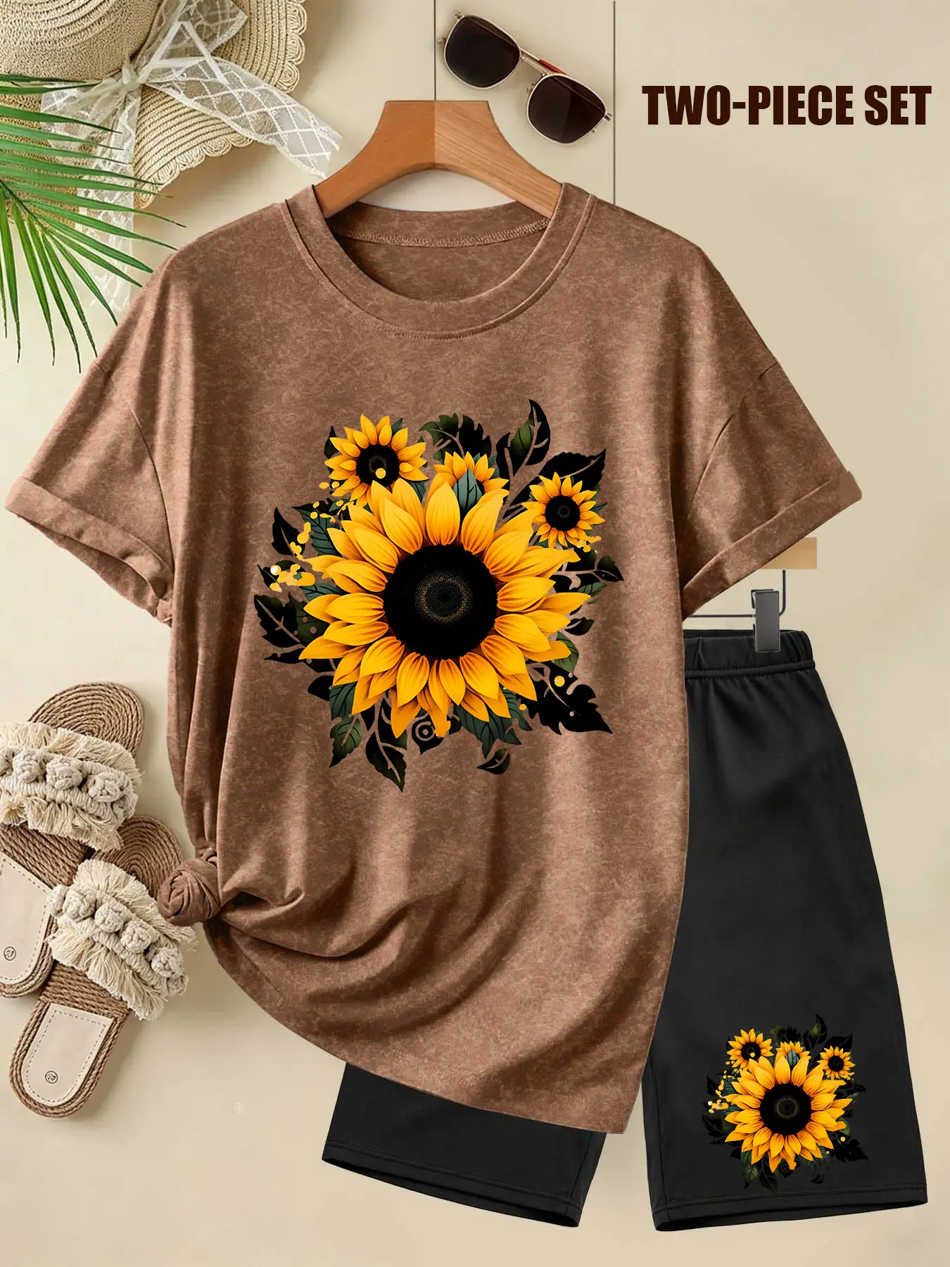 Women's Washed Two-Piece Set (T-Shirt + Shorts), Sunflower Print, Floral, Multiple Colors Available, Machine Washable, Spring & Summer, Soft Skin-Friendly Fabric, Daily Versatile, Casual, Fashion Design, Clothes