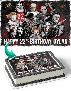 Cakecery Horror Night Friends Chucky Michael Myers Jason Freddy Penny Edible Cake Image Topper Personalized Birthday Cake Banner 1/4 Sheet