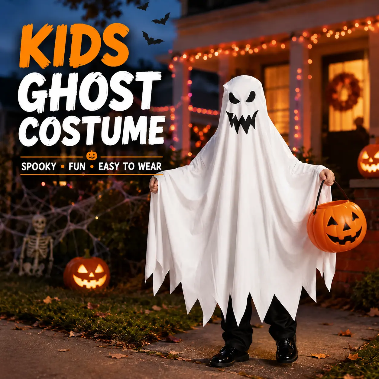 Classic Ghost Halloween Cape for Kids – Spooky Yet Cute Floor-Length Cloak with Flexible Opening – Breathable Polyester Fabric for Trick-or-Treating – Hidden Eye Holes for Clear Vision & Safety – Perfect Ghostly Outfit for Boys & Girls – Easy Wear