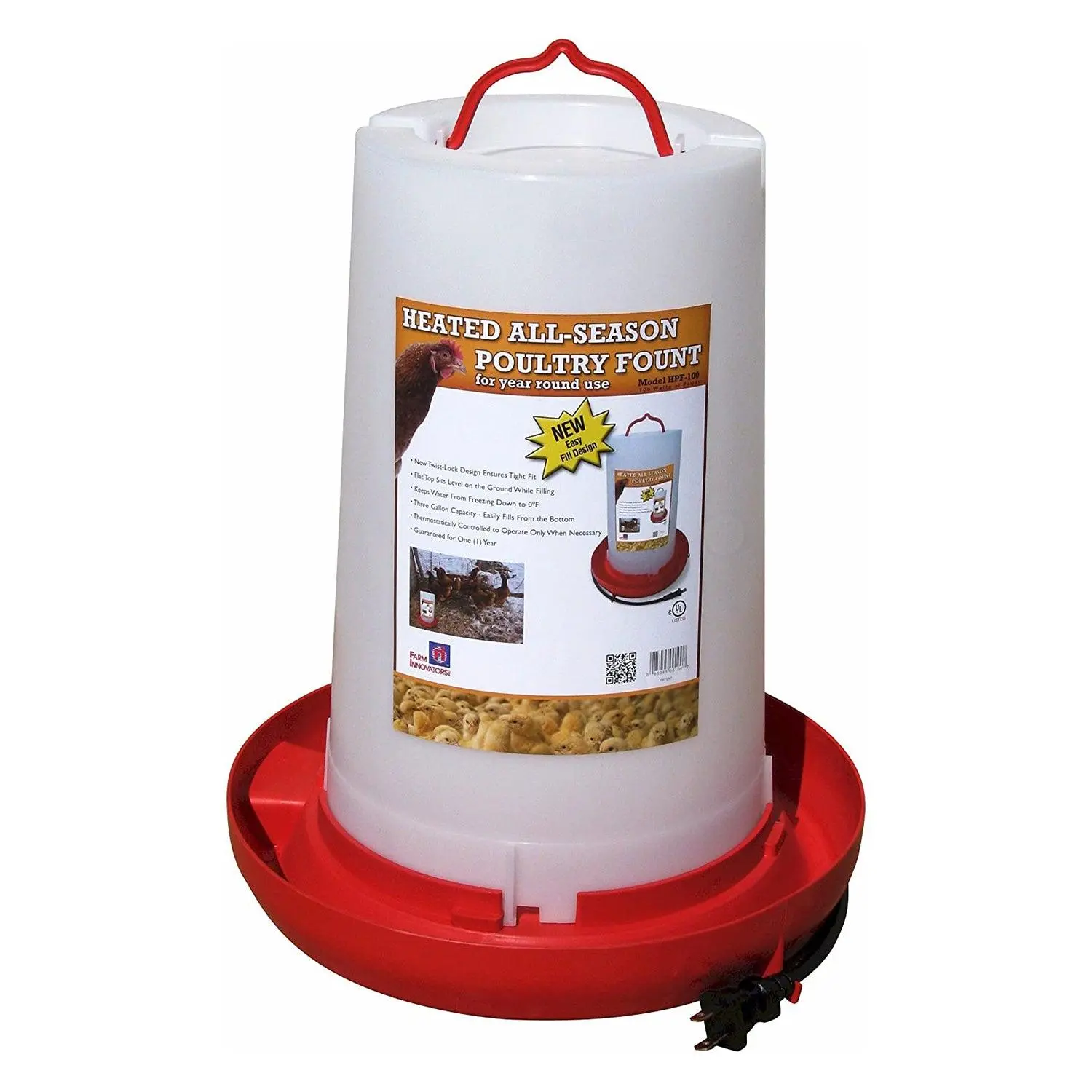 Farm Innovators HPF-100 Heated 3 Gal Plastic Hanging Poultry Water Fountain, Red Farm Innovators HPF-100 Heated 3 Gal Plastic Hanging Poultry Water Fountain, Red