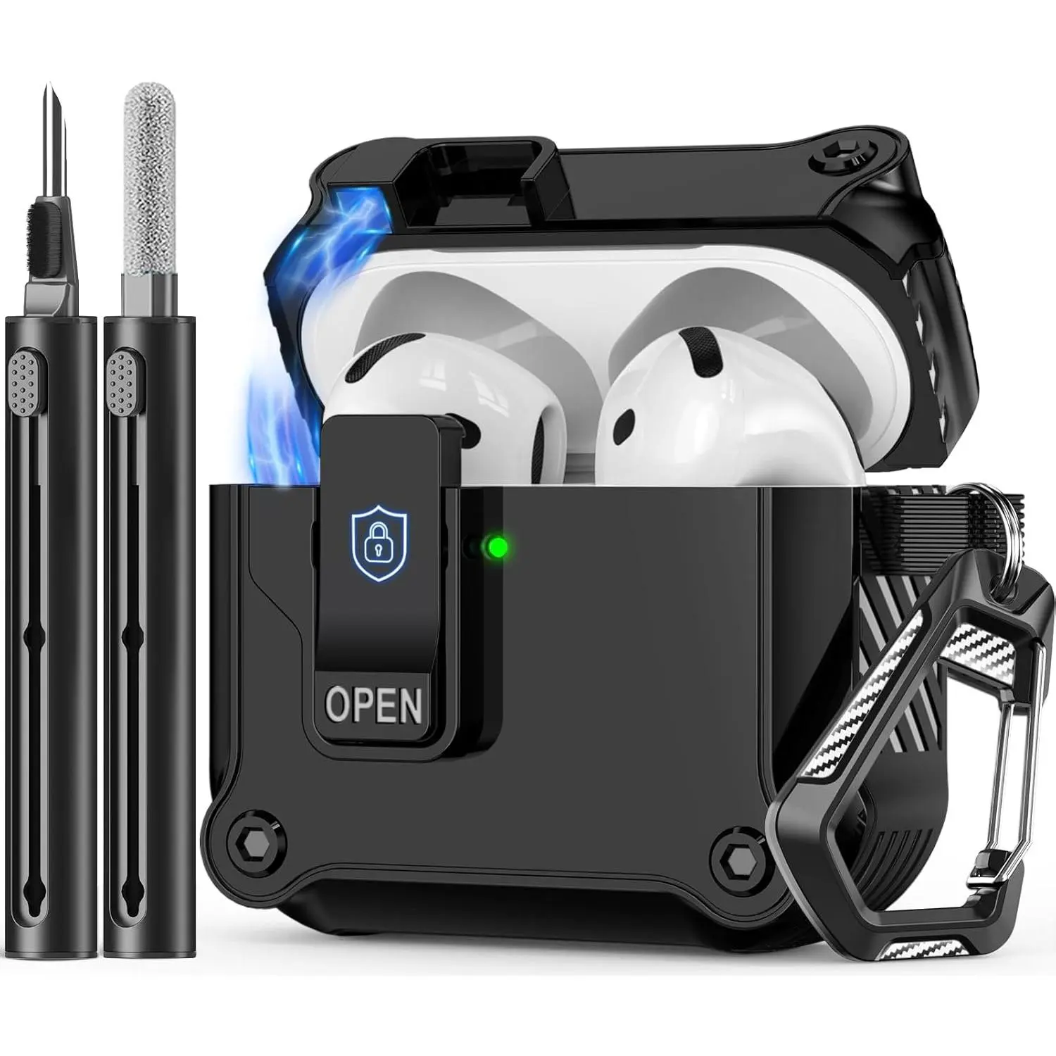 Black Headphone Case with Cleaner Kit for 2024 4th-Generation AirPods Active Noise Cancellation Charging Cover, Automatic Snap Switch, Secure Fit