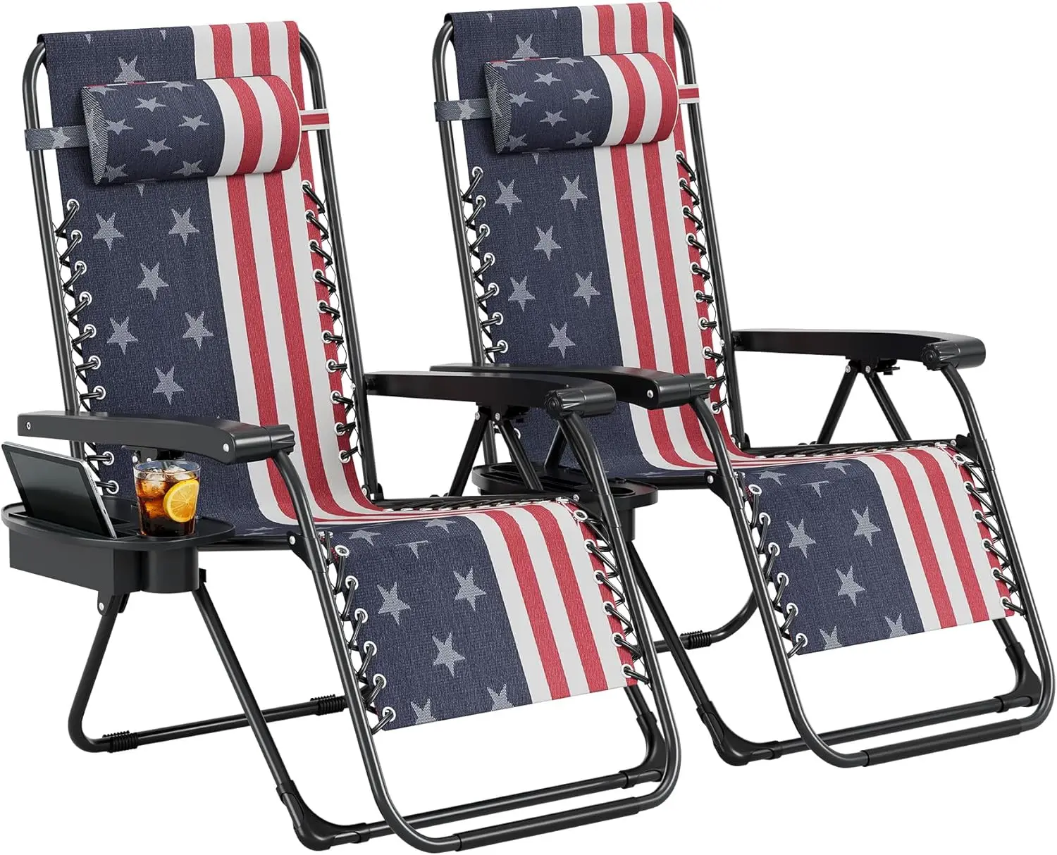 Reclining Patio Chairs Set of 2, Weightless Relief Adjustable Folding Collapsible Outdoor Chairs with Pillow, Cup Holder, Mesh Fabric for Garden, Deck, Beach