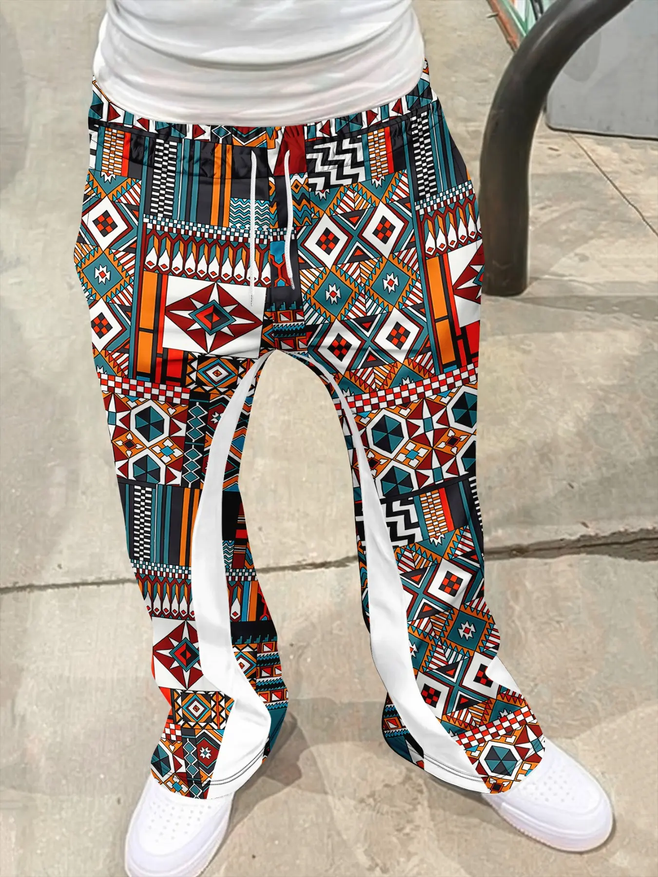Men's Streetwear Flared Trousers, Aztec Geometric Print, Casual Loose Fit, Drawstring Waist, Perfect for Dance, Skateboarding, Music Festivals, Casual Pants
