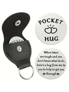 1pc Little Pocket Hug Keyring with Leather Case, Pocket Hug Token, Coin Pocket Hug With Leather Case Stainless Steel Double Sided Coin for Friends Family Long Distance Relationship Sentimental Love Gifts with Warm Hug Gift, Minimalist Design Keychain