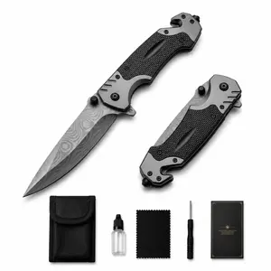 【FREE Maintenance Kit Included】 Damascus Pattern Folding Knife, Tactical Stainless Steel Survival Tool with Seatbelt Cutter, Glass Breaker, and Compact Grip ABS Handle for Adults, Camping & Hiking, Great Gift for Men