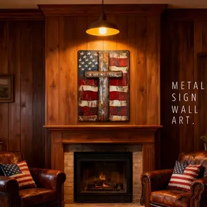 Aluminium Wall Plaque Sign - 8x12in Vintage Patriotic American Flag & Cross Signboard with "In God We Trust" Message, Christian Faith Home Decor, Inspirational Gift for Homeowners