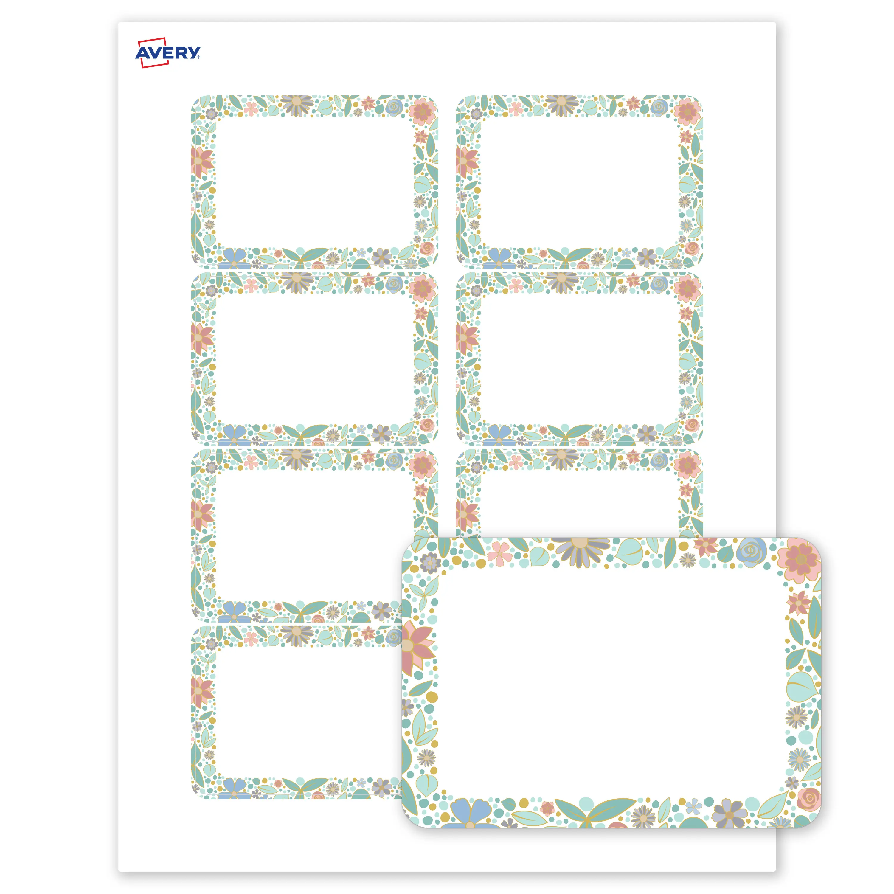 Avery® Printable Adhesive Name Tags Name Badges, 2-1/3" x 3-3/8", Matte White, Pre-printed Mint & Gold Floral Frame Design Great for Weddings, Laser & Inkjet Compatible, 80 Total