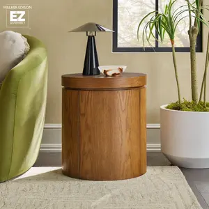 Walker Edison WEMYA23OS4MB1 Modern 18 in. Solid Oak Wood Circular End Table - Medium Brown Oak, Durable, Easy, Hardwood, Veneer Indoor Side Table, Circular End Tables, Durable End Tables