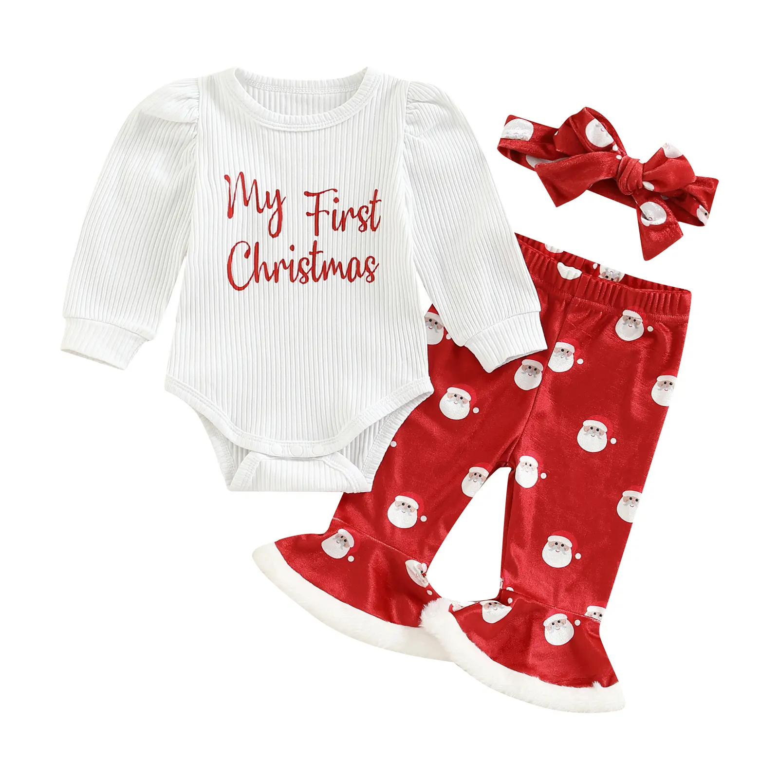 Baby Girl Christmas Clothes My First Christmas Outfit Long Sleeve Romper Santa Print Flare Pants Headband Xmas Set