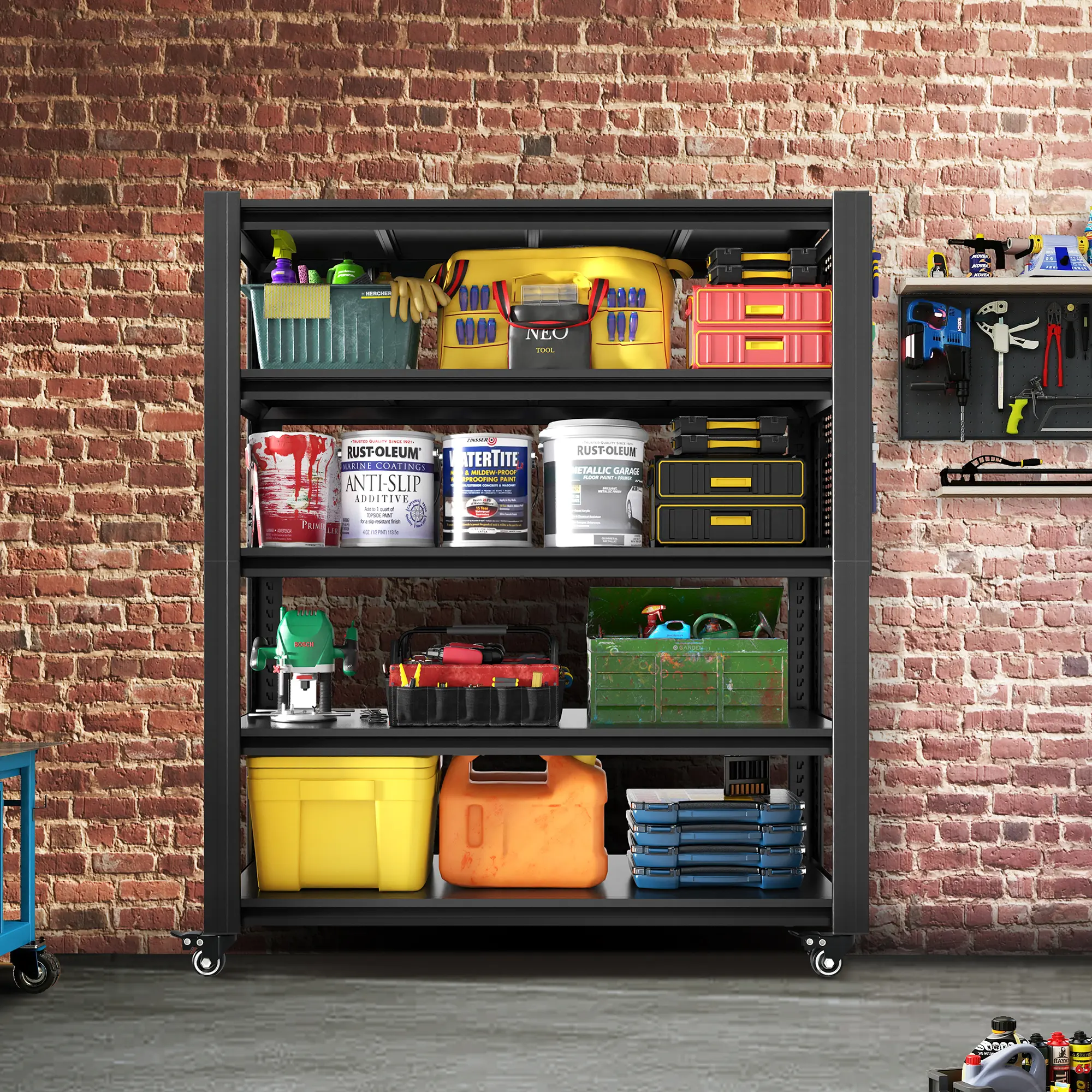 5-Tier Heavy Duty Metal Shelving Unit with Wheels, Pegboard, 47.2"W x 23.6"D x 72"H Adjustable Garage Storage Rack, 2000LBS Capacity, Black
