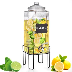 2 Gallon Glass Drink Dispenser, Drink Dispensers for Parties, Beverage Dispenser with Stand and Glass Lid,  Leakproof Spigot, Ideal for Lemonade, Juice, Iced , Laundry Detergent Dispenser