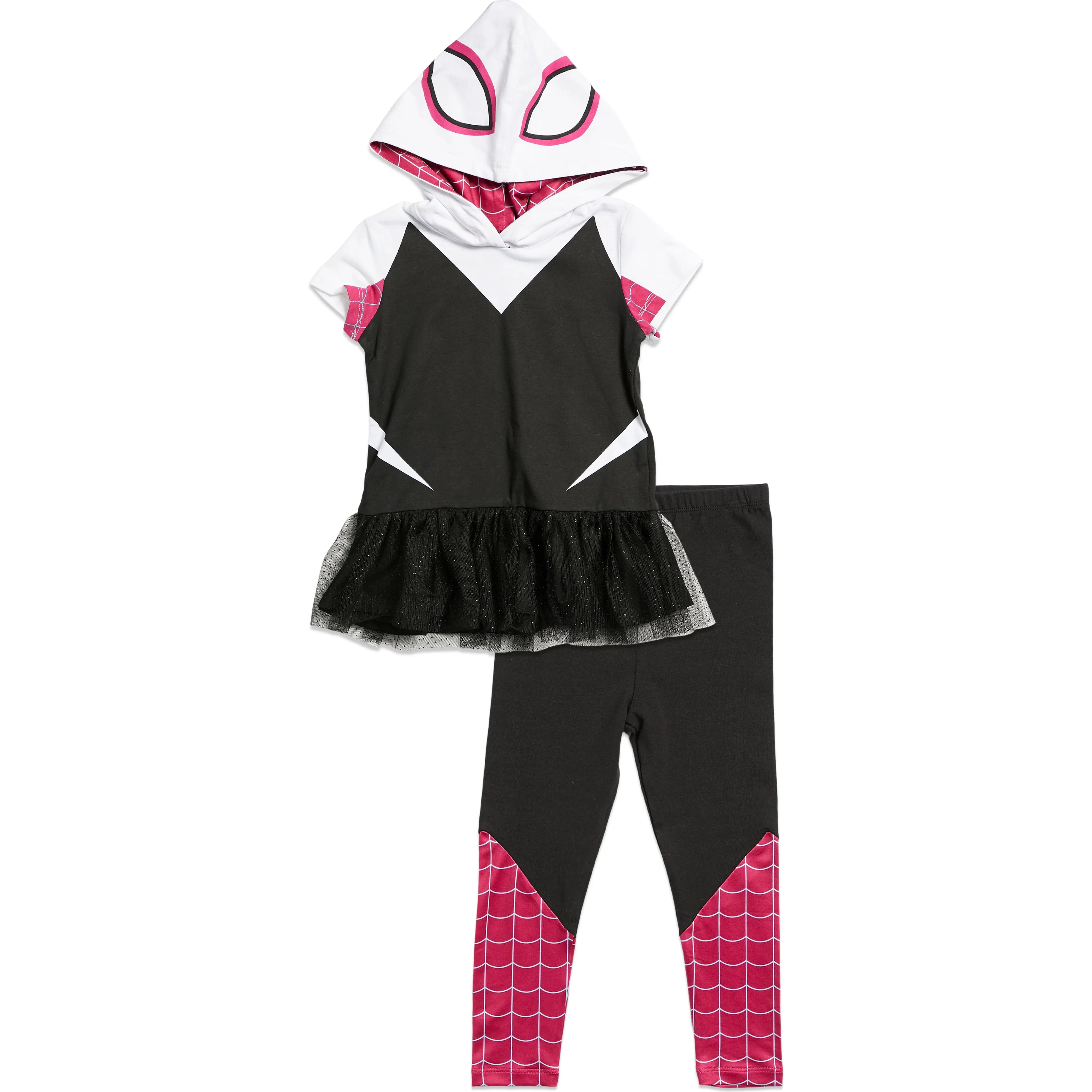 Marvel Spider-Man Girls' 2-Piece Cosplay Set - Hooded Neck Short Sleeve Tops, Elastic Stretch Leggings (Toddler to Big Kid, Spider-Themed)