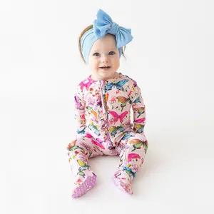 Watercolor Butterfly Footie Ruffled Zippered One Piece Bodysuit