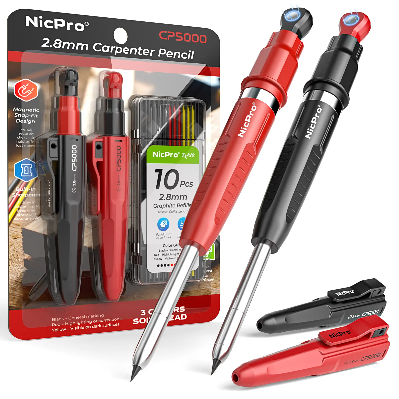 Nicpro 7-in-1 Magnetic Mechanical Pencils with Sharpener, 2-Pack Durable Construction Tools for Dads, 2.8mm Tip, 20 Pcs 2.8mm Leads, Pocket/Belt Carry Clip, Ideal for DIY Projects, Metal Surfaces, Smarter & Faster Tasks