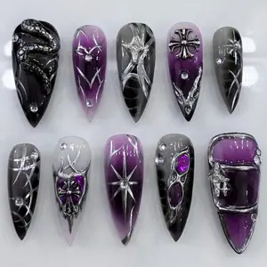 Handmade Gothic Press On Nails | 3D Snake, Cross, Chains & Stars In Black Purple Chrome | Pointed Nails For Grunge Party Vibe